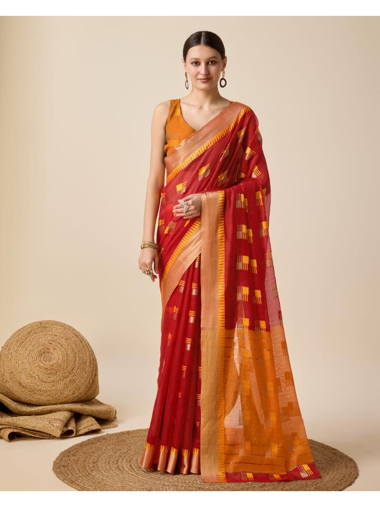 Women’s Red Silk Saree with Golden Border