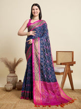 Women Navy Blue Woven Saree with Pink Zari Border