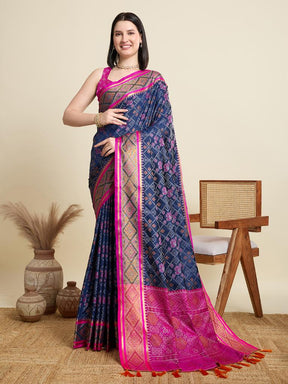 Women Navy Blue Woven Saree with Pink Zari Border