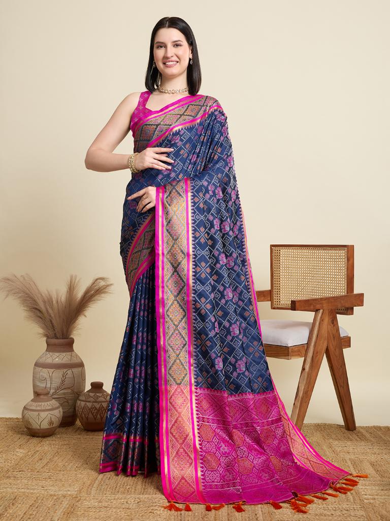 Women Navy Blue Woven Saree with Pink Zari Border