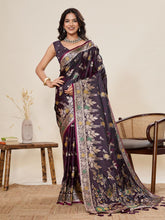 Women Violate Floral Woven Saree with Zari Border Traditional Ethnic Party Wear