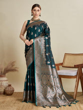 Women Dark Green Woven Saree with Silver Zari Border