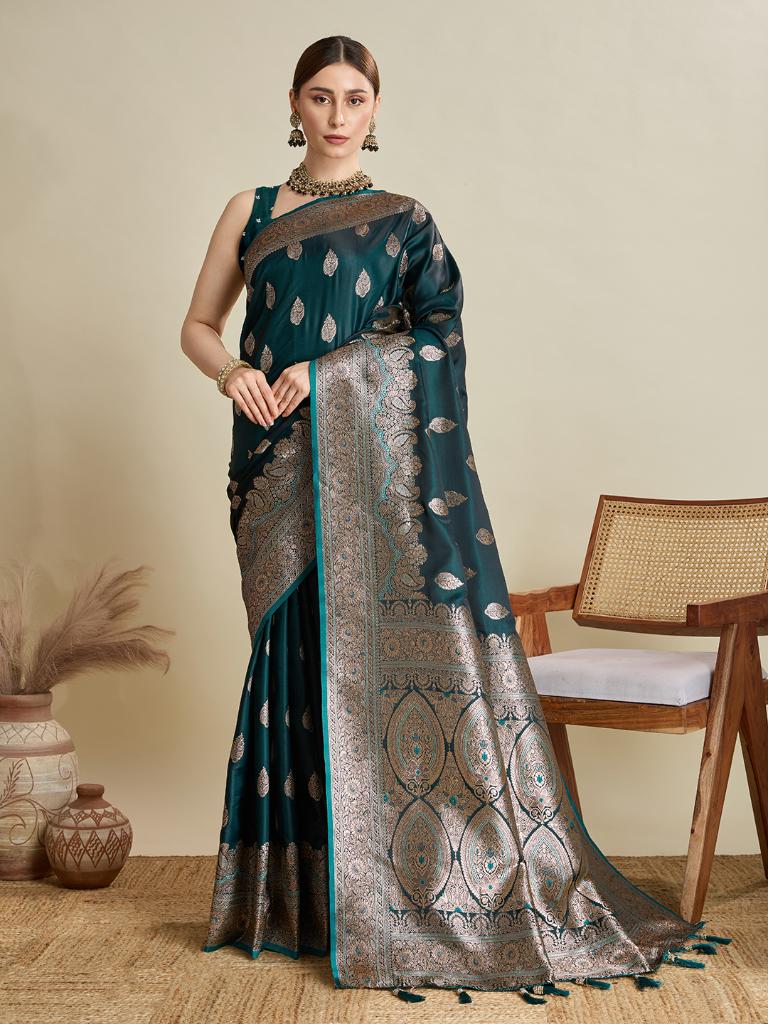 Women Dark Green Woven Saree with Silver Zari Border
