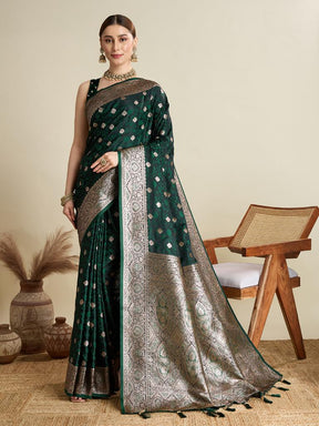 Women Dark Green Woven Saree with Silver Zari Border