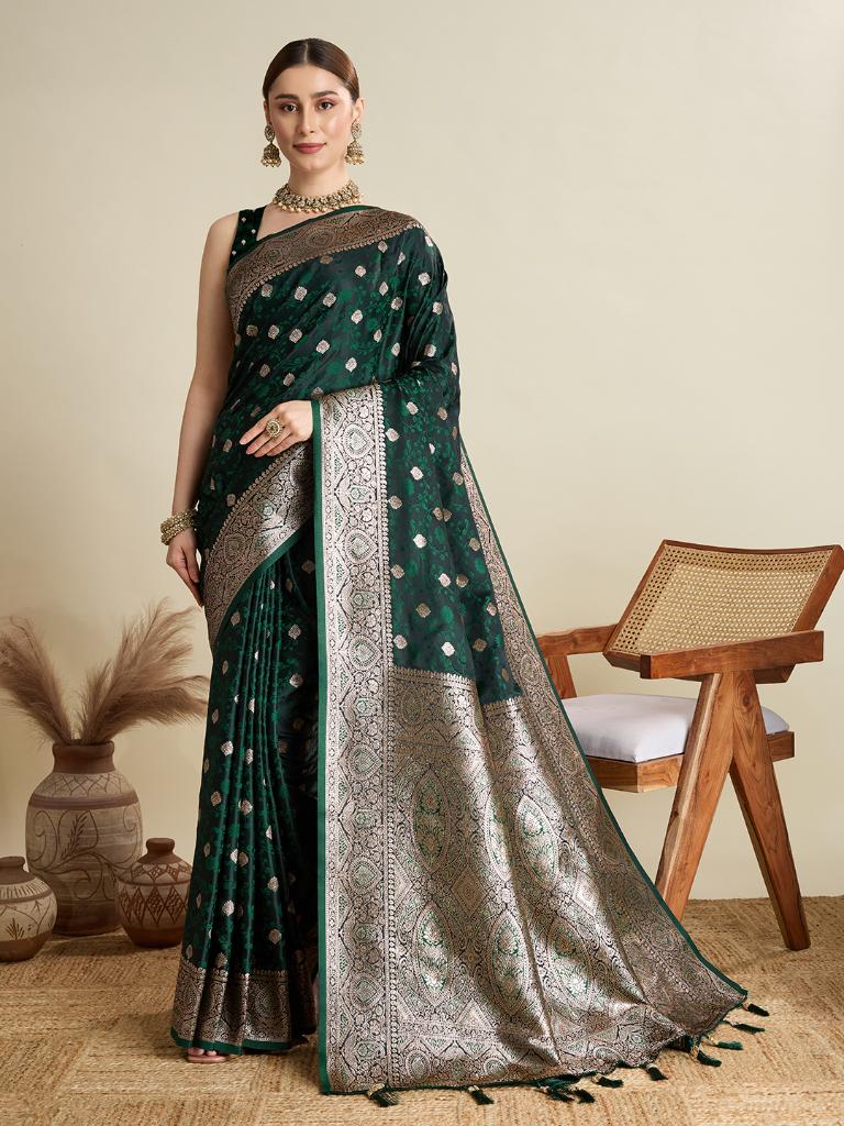 Women Dark Green Woven Saree with Silver Zari Border