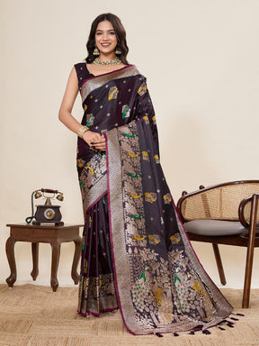 Women’s Violate Silk Saree with Woven Peacock Design