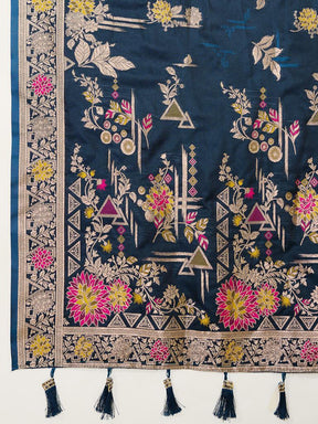 Women Navy Blue Floral Woven Saree with Zari Border Traditional Ethnic Party Wear