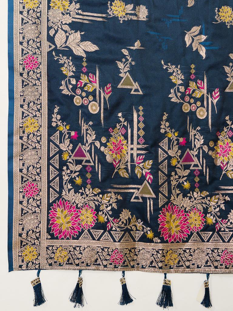 Women Navy Blue Floral Woven Saree with Zari Border Traditional Ethnic Party Wear