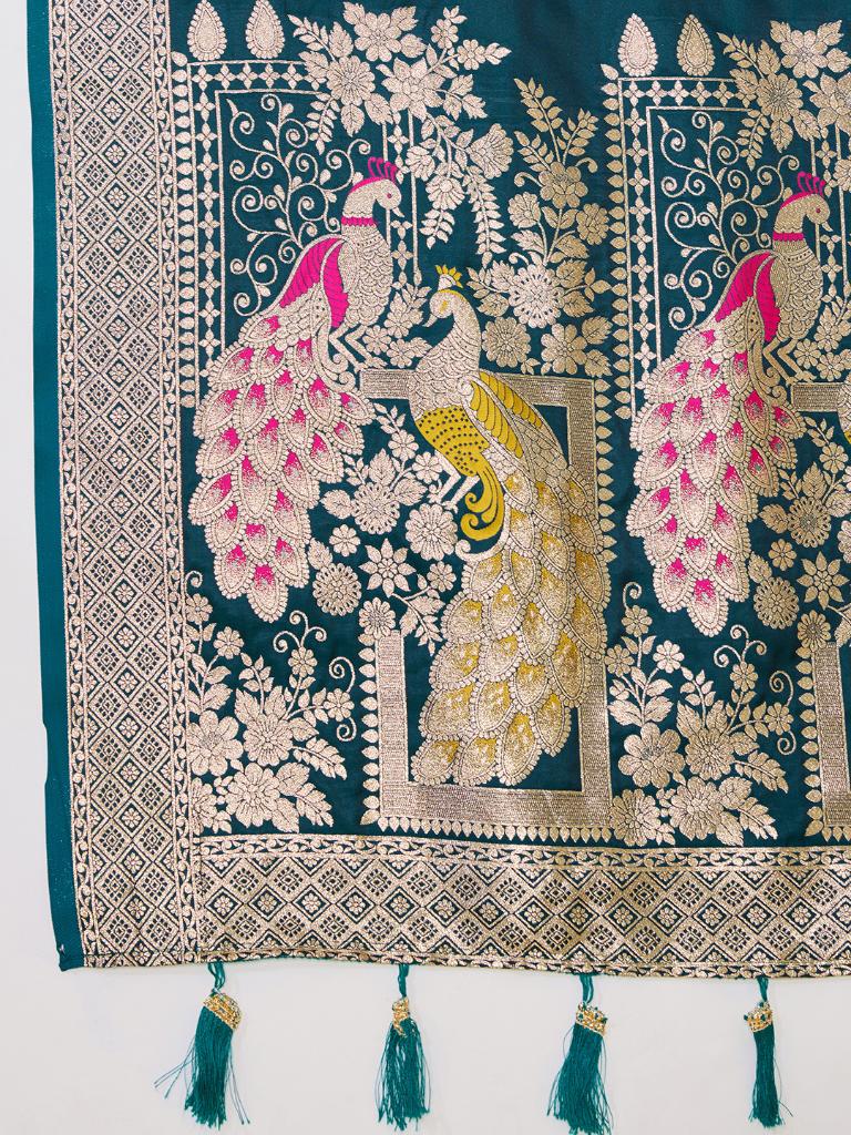 Women’s Green Silk Saree with Woven Peacock Design