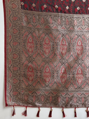 Women Maroon Woven Saree with Silver Zari Border