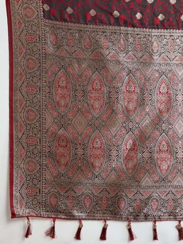 Women Maroon Woven Saree with Silver Zari Border