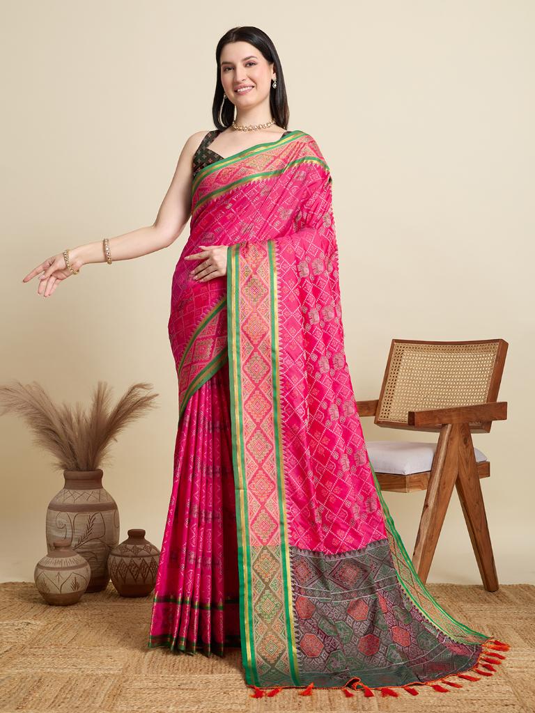 Women Pink Woven Saree with Green Zari Border