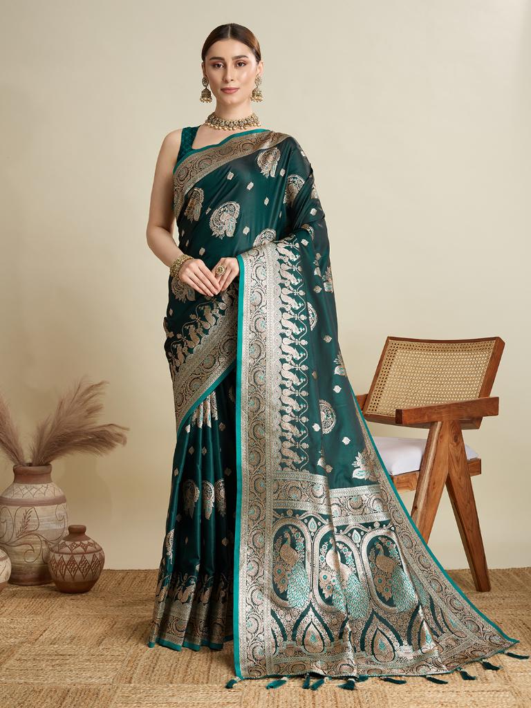 Women Green Woven Saree with Silver Zari Border