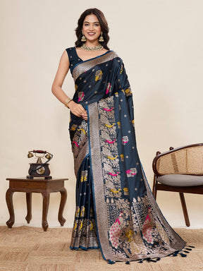 Women’s Navy Blue Silk Saree with Woven Peacock Design
