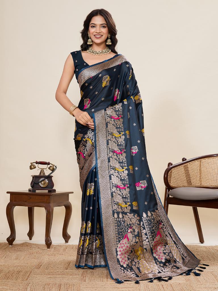Women’s Navy Blue Silk Saree with Woven Peacock Design