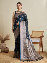 Women Navy Blue Woven Saree with Silver Zari Border