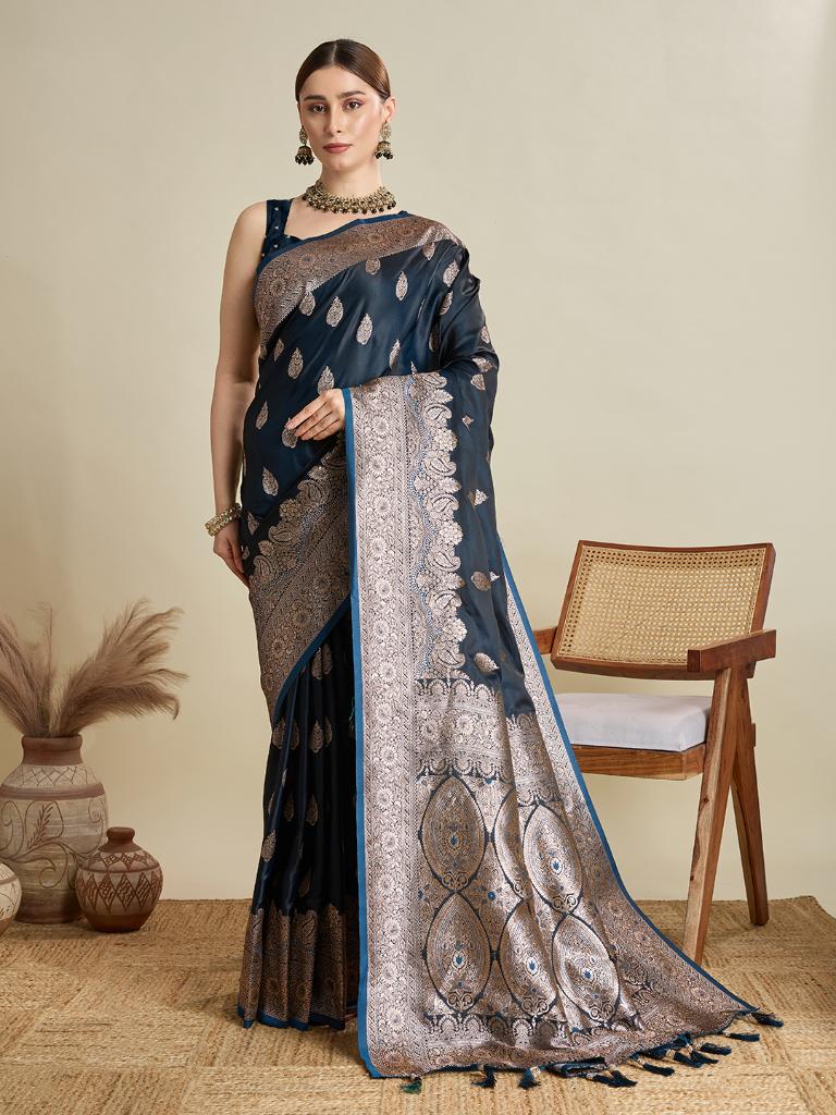 Women Navy Blue Woven Saree with Silver Zari Border