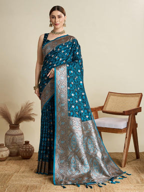 Women Teal Blue Woven Saree with Silver Zari Border