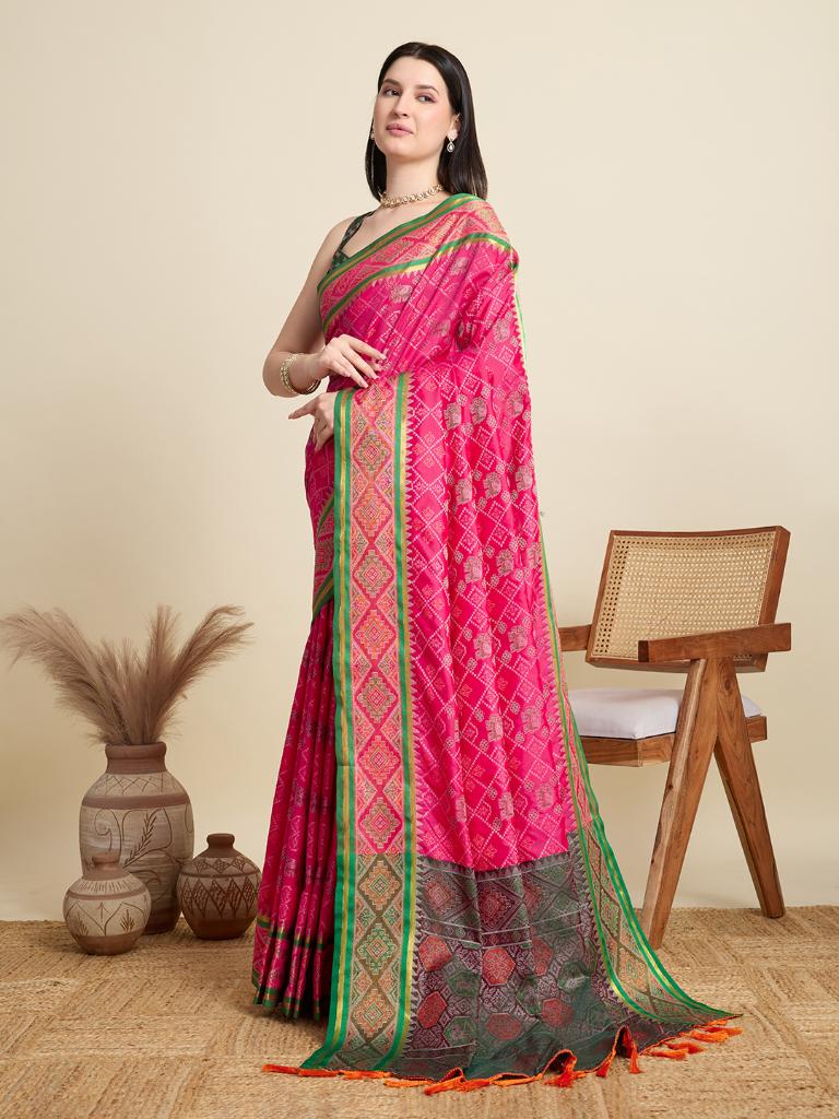 Women Pink Woven Saree with Green Zari Border