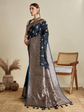 Navy Blue Woven Saree with Silver Zari Border