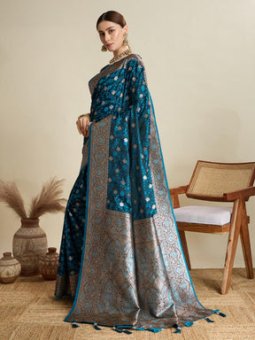 Women Teal Blue Woven Saree with Silver Zari Border