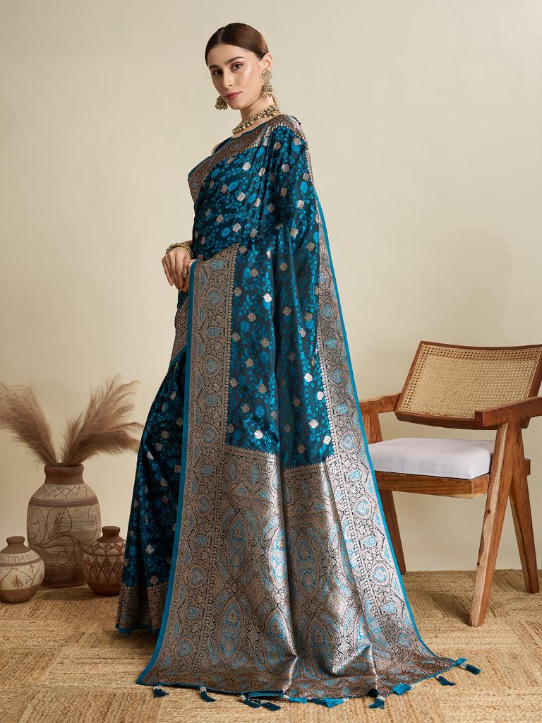 Women Teal Blue Woven Saree with Silver Zari Border