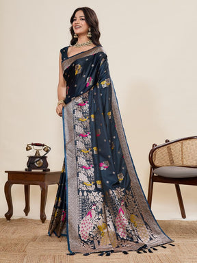 Women’s Navy Blue Silk Saree with Woven Peacock Design