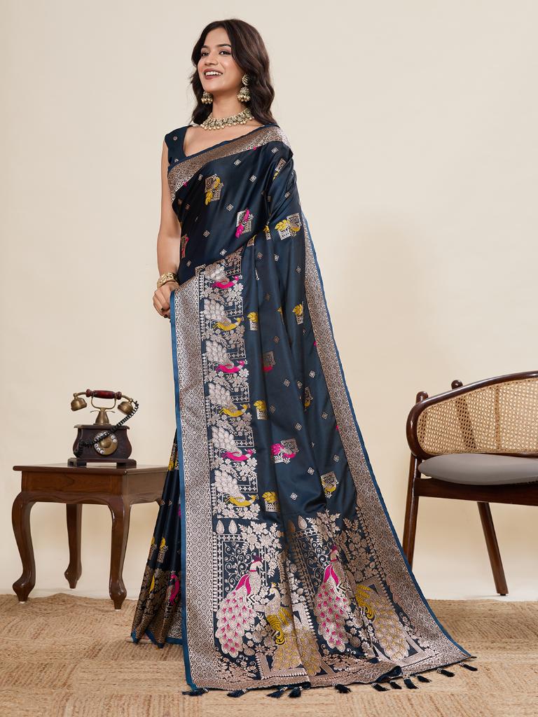 Women’s Navy Blue Silk Saree with Woven Peacock Design