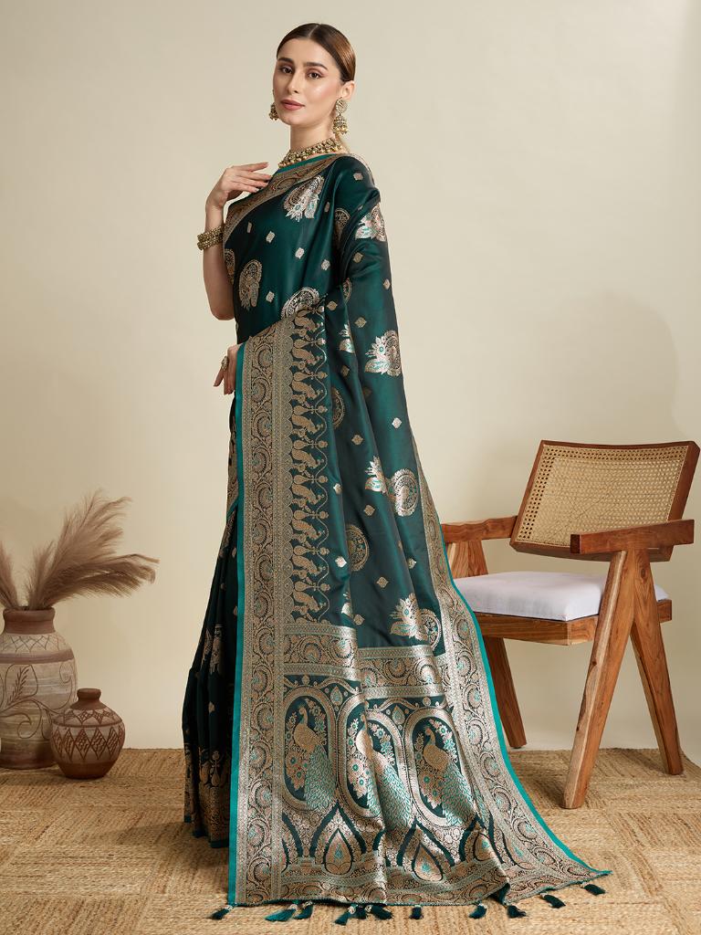 Women Green Woven Saree with Silver Zari Border