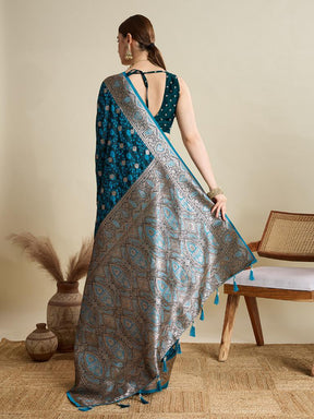 Women Teal Blue Woven Saree with Silver Zari Border
