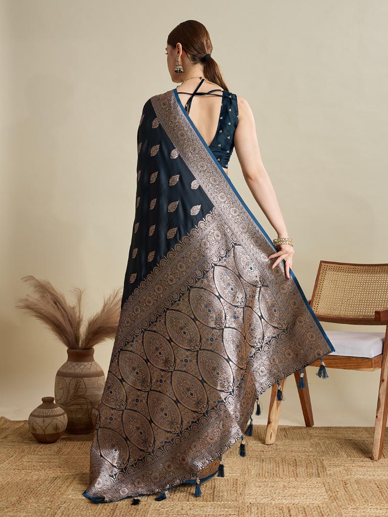 Navy Blue Woven Saree with Silver Zari Border