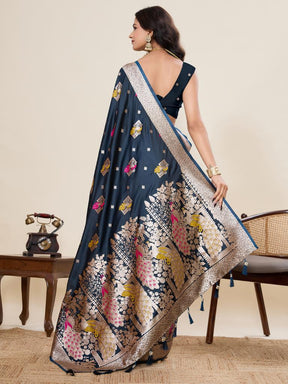 Women’s Navy Blue Silk Saree with Woven Peacock Design