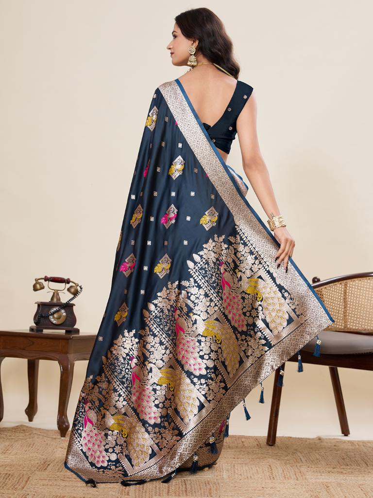 Women’s Navy Blue Silk Saree with Woven Peacock Design