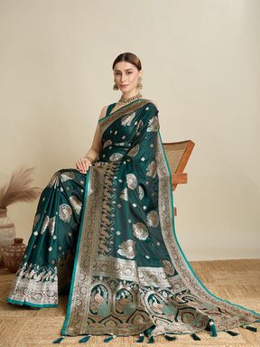 Women Green Woven Saree with Silver Zari Border