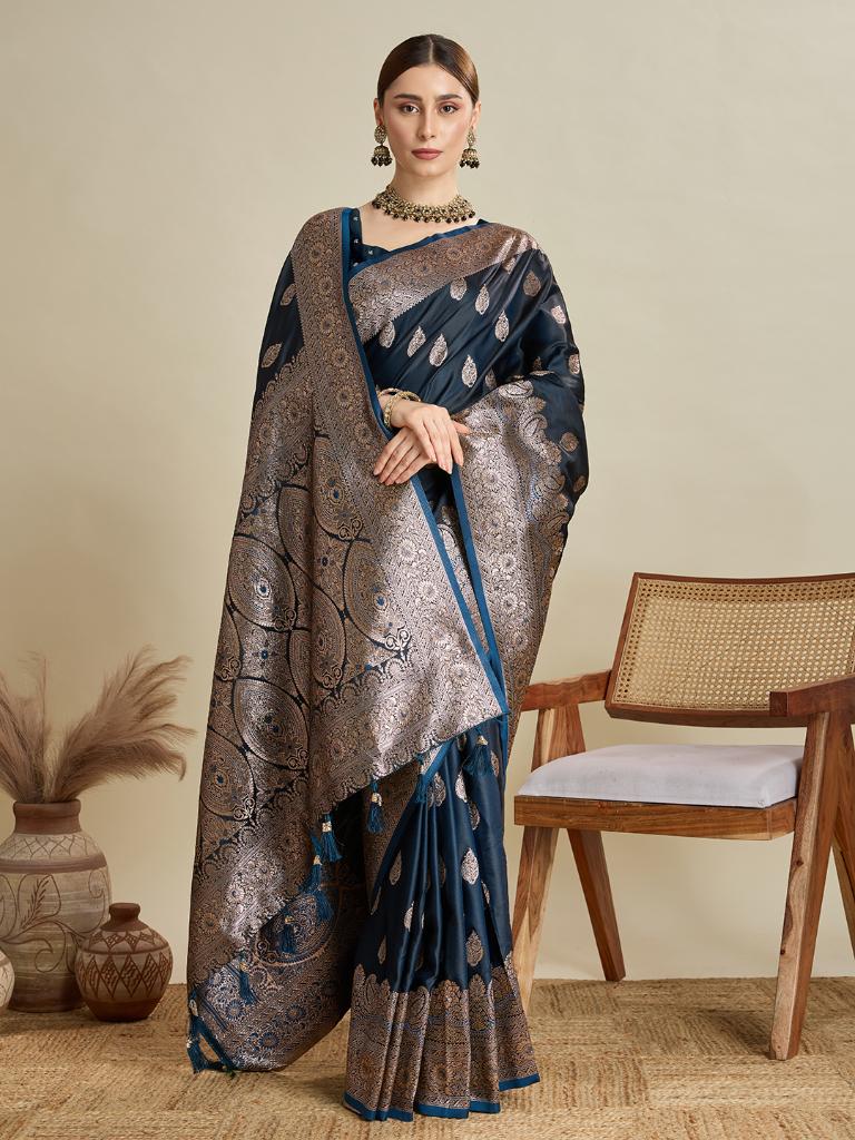 Navy Blue Woven Saree with Silver Zari Border
