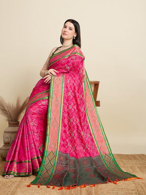 Women Pink Woven Saree with Green Zari Border