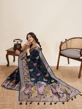 Women’s Navy Blue Silk Saree with Woven Peacock Design