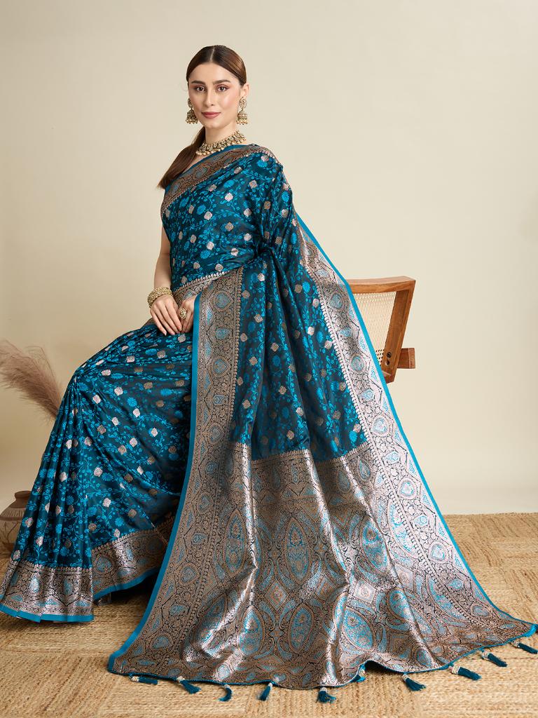 Women Teal Blue Woven Saree with Silver Zari Border