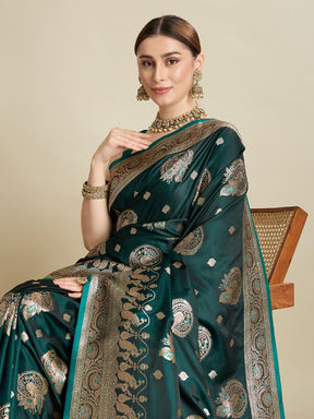 Women Green Woven Saree with Silver Zari Border