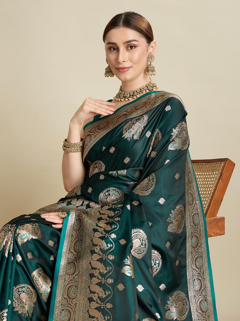 Women Green Woven Saree with Silver Zari Border