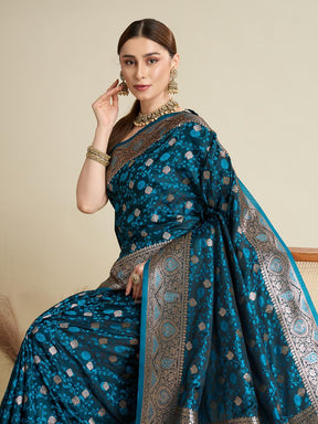 Women Teal Blue Woven Saree with Silver Zari Border