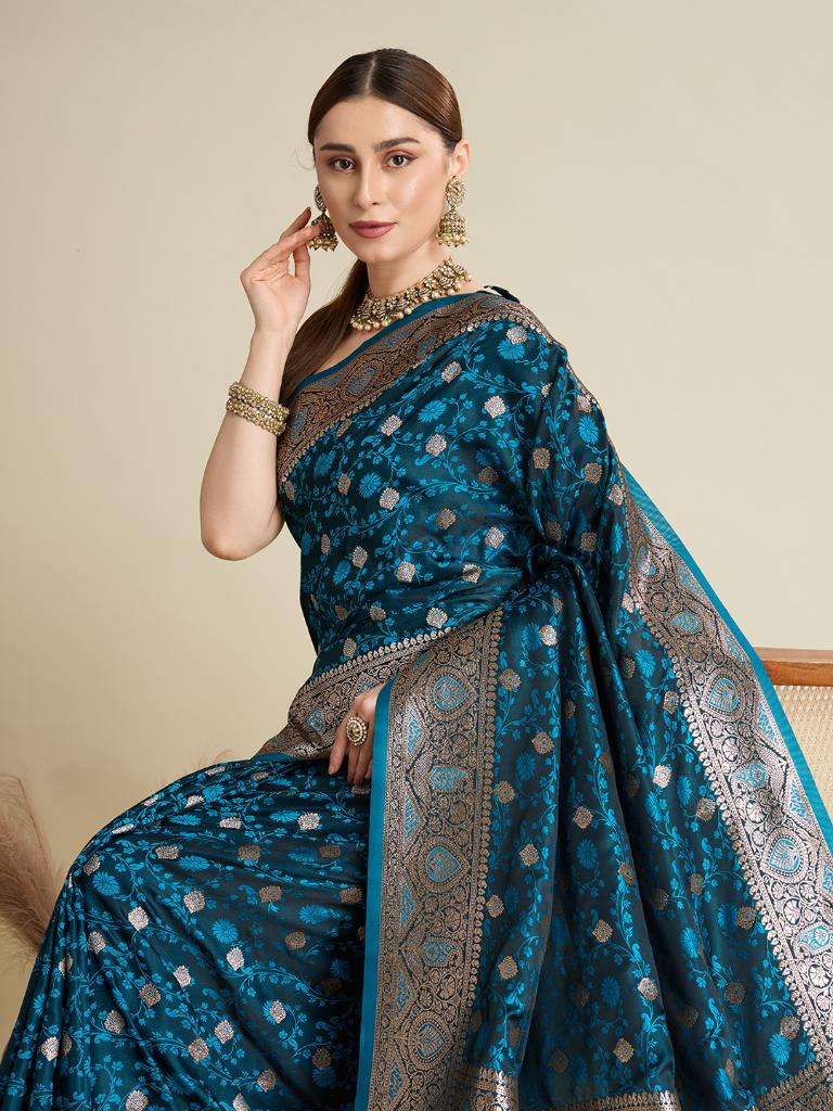 Women Teal Blue Woven Saree with Silver Zari Border