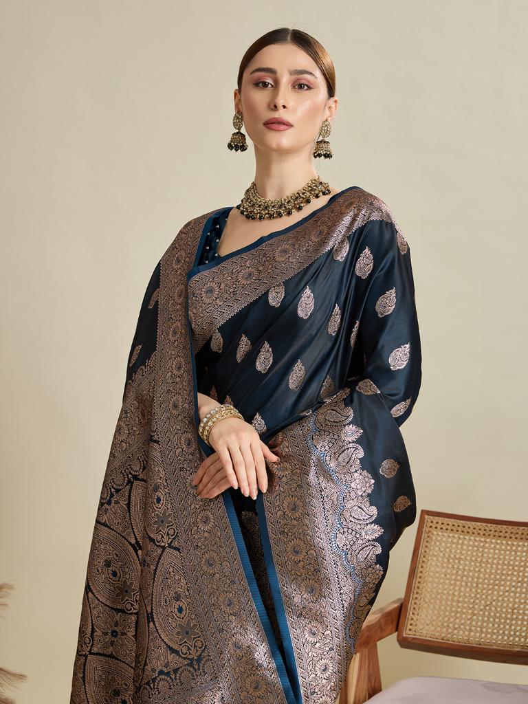 Navy Blue Woven Saree with Silver Zari Border
