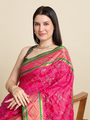 Women Pink Woven Saree with Green Zari Border