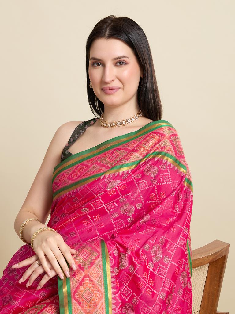Women Pink Woven Saree with Green Zari Border