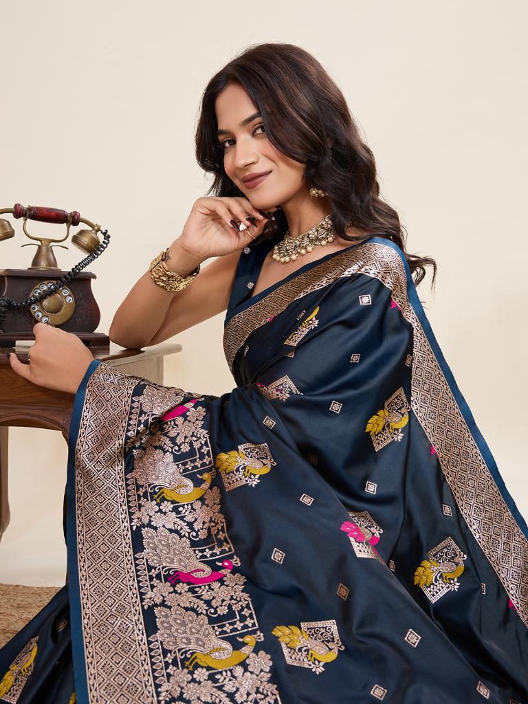 Women’s Navy Blue Silk Saree with Woven Peacock Design