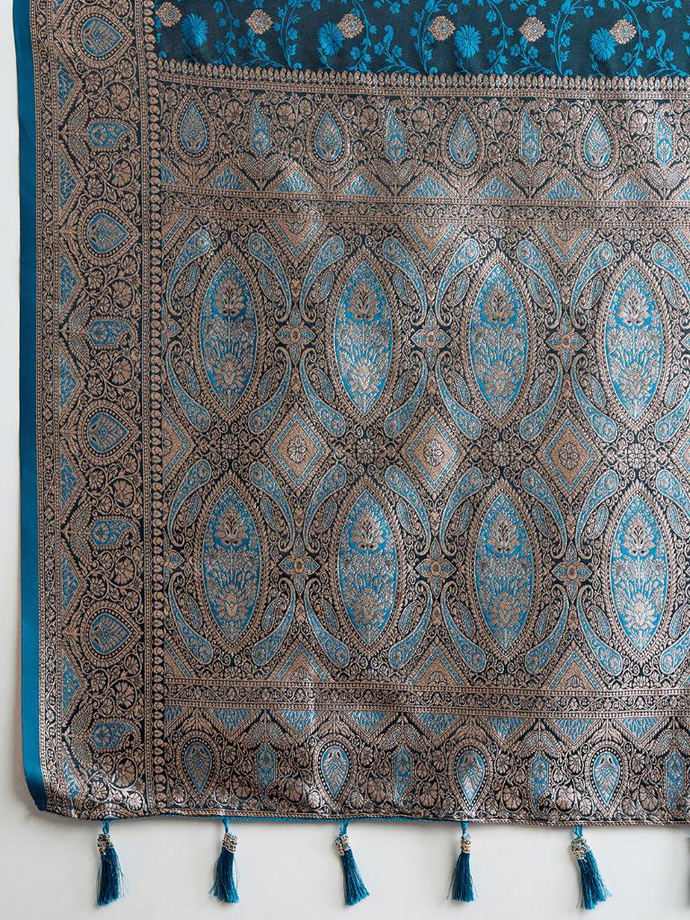 Women Teal Blue Woven Saree with Silver Zari Border