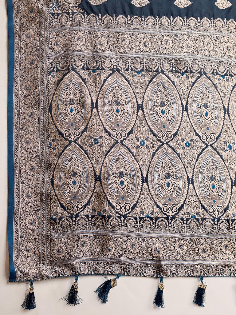 Navy Blue Woven Saree with Silver Zari Border