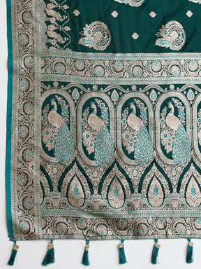 Women Green Woven Saree with Silver Zari Border
