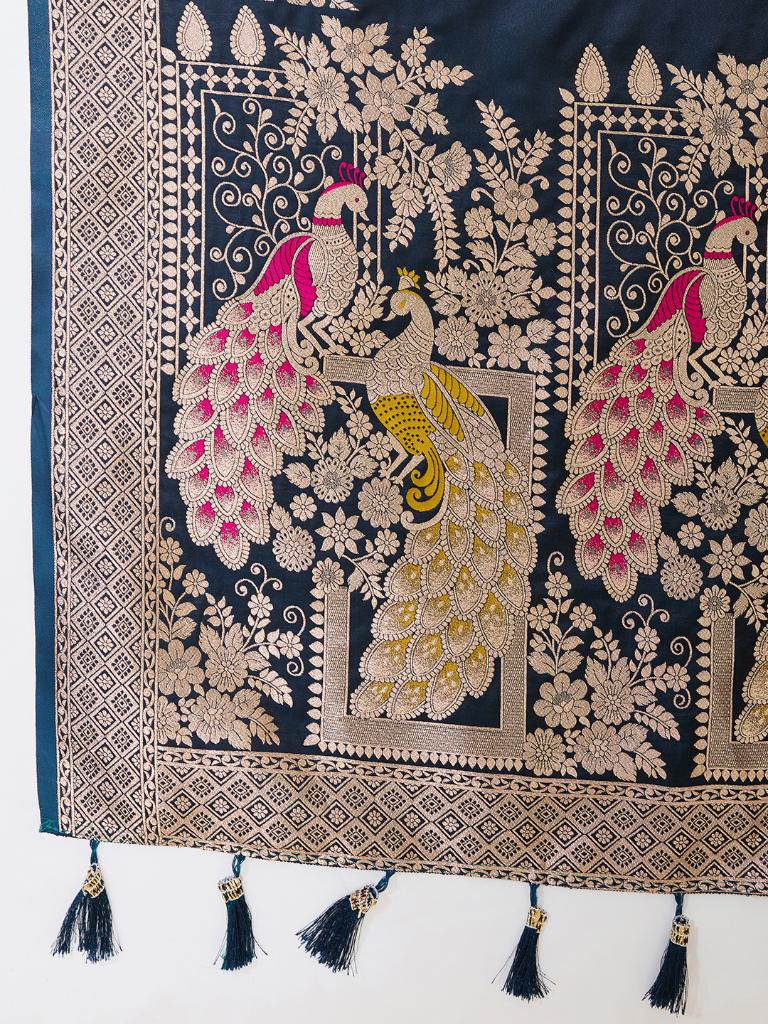Women’s Navy Blue Silk Saree with Woven Peacock Design